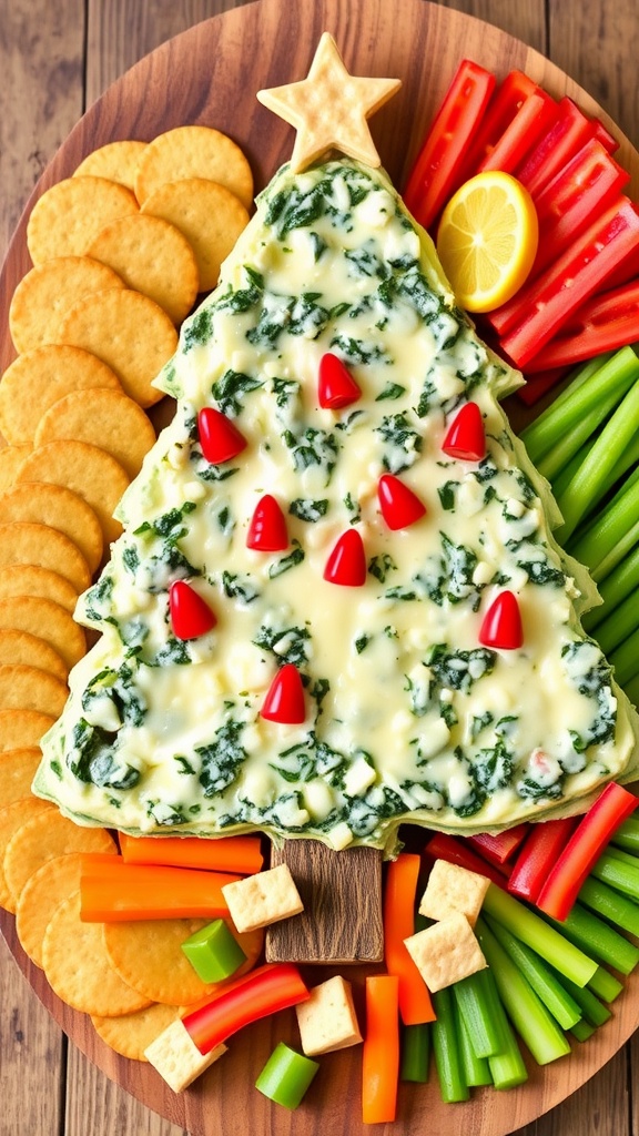 A cheesy spinach dip Christmas tree on a wooden platter with crackers and vegetables.